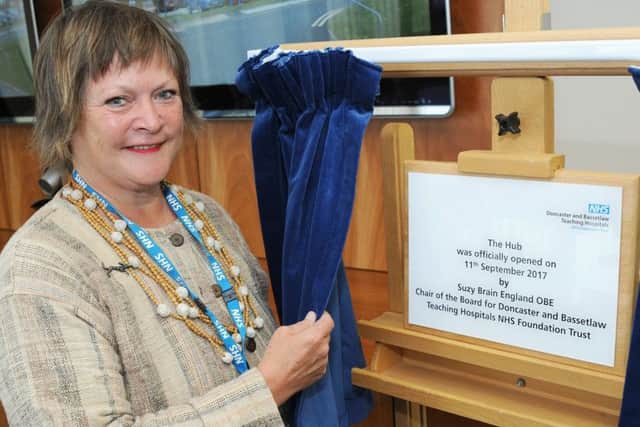 The Hub, Bassetlaw Hospital, official opening.
The Chairman of the Board for Doncaster and Bassetlaw Teaching Hospitals NHS Foundation Trust, Suzy Brain England, unveils a plaque to the mark the opening of the new Hub at Bassetlaw Hospital.