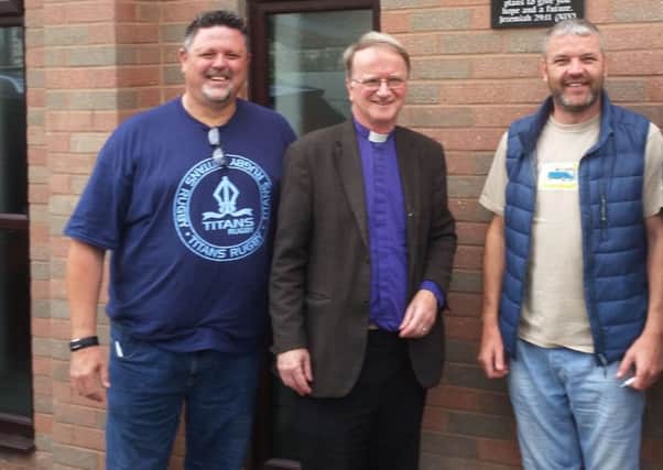 The Rt Rev Tony Porter with Shaun Cummings (left) and Joel Hatfield