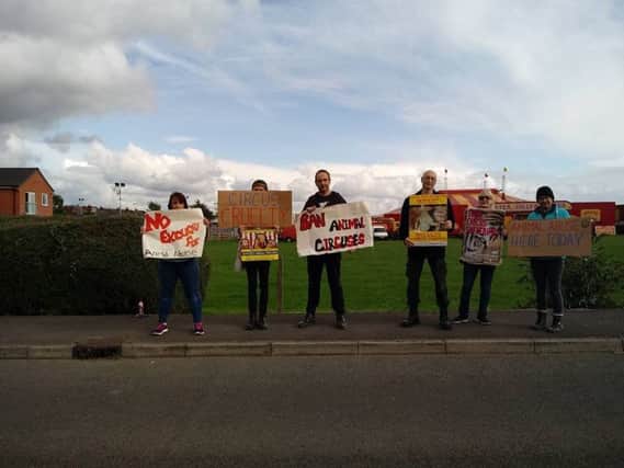 Animal Defenders International protest outside Peter Jolly's Circus in Hillstown, Derbyshire.
