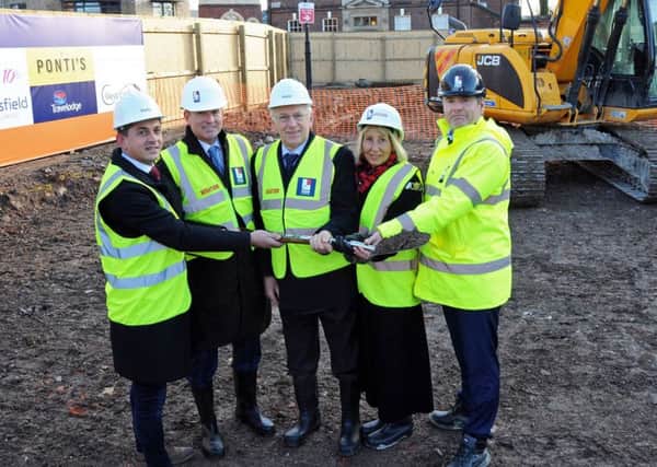 Pictured at the ceremony to mark the main construction work getting underway on the brand new hotel development, are from left, Argys Myrtja from Pontis, Mark Dransfield from Dransfield Property Developers, Leader of West Lindsey council, Jeff Summers, the Mayor of Gainsborough Coun. Sally Loates and Paul Dransfield of PDR Construction.