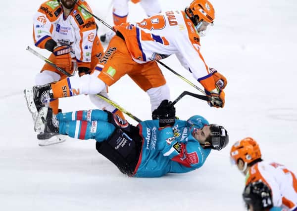 Sheffield Steelers Zack Fitzgerald was thrown out of the game after a challenge on Belfast Giants Spiro Goulakos. Photo by William Cherry/Presseye