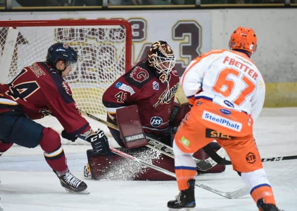Colton Fretter bears down on Guildford Flames goal