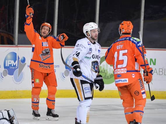 Jonas Westerling celebrates after scoring against Panthers