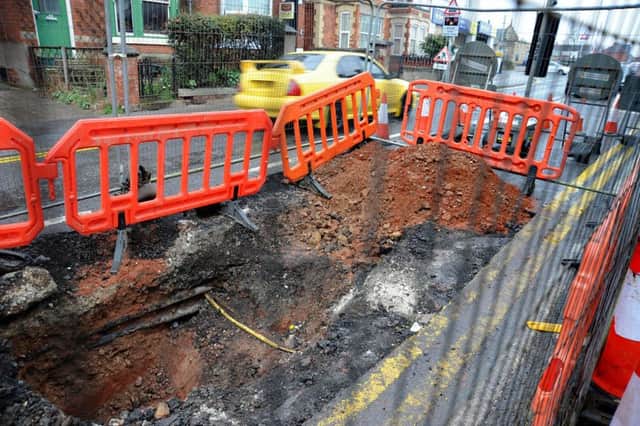 Sink hole that has opened up on Carlton Road, Worksop.