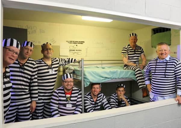 Being 'locked up' for Bluebell Wood were (from left): Chris North, Richard Burdin, Ken Perritt, James Gascoigne, Rob Glegg, Will Vaulks,  Frank Christmas and Chris Wilder