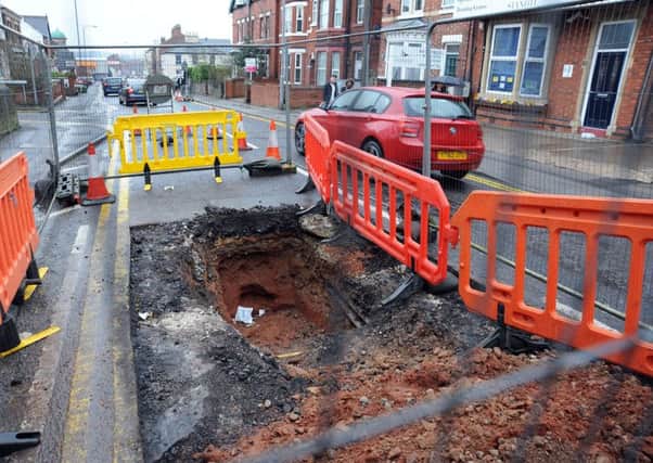 Sink hole that has opened up on Carlton Road, Worksop.