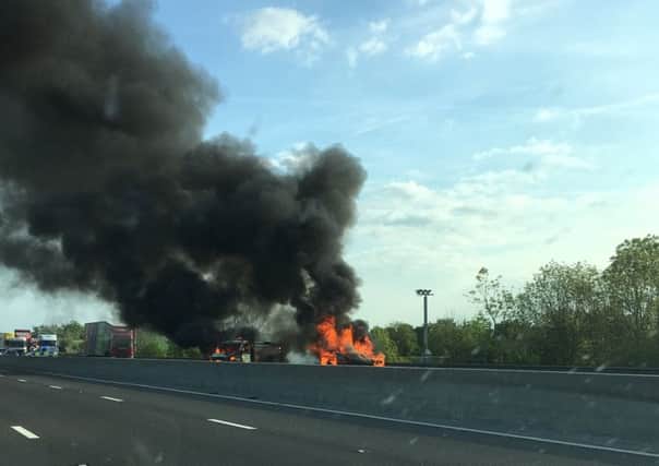 Fire on M1 motorway near Woodall Services. Picture: Andy Duffin.