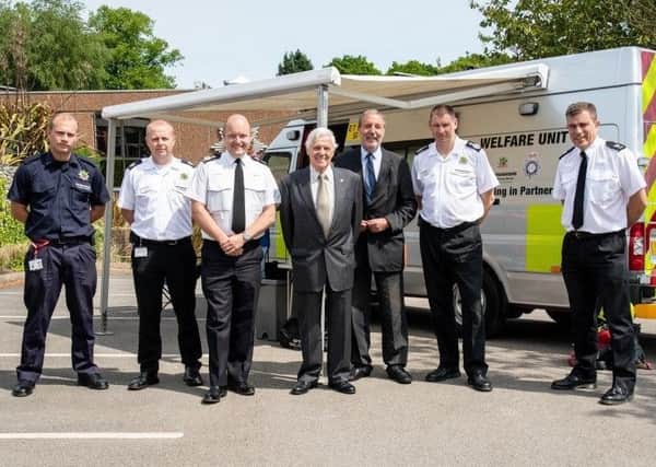 Stapleford Firefighter Josh Wood, Group Manager Mick Sharman, Chief Constable Craig Guildford, Councillor Brian Grocock, PCC Paddy Tipping, Chief Fire Officer John Buckley and Superintendent Paul Winter.