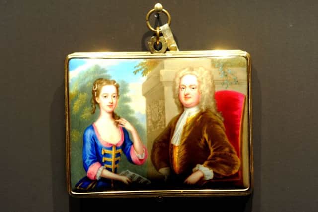 25 May 2018.......... A new exhibition by world renowned jeweller JAR has opened at The Portland Collection at The Welbeck Estate in north Notts. A miniature of Lady Margaret and her father William Harley showing one of the mourning rings. Scott Merrylees