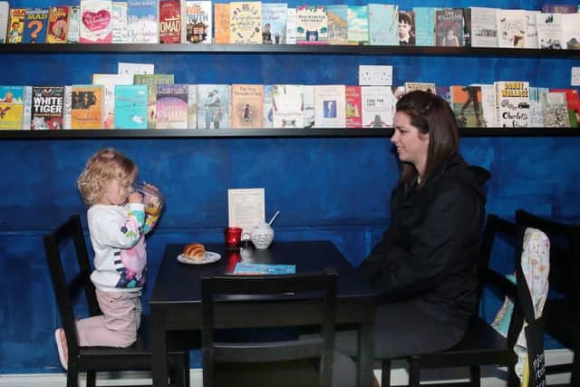 Lizzie and Edia enjoy a drink in Barristers Book Chambers opens in a new larger shop, Retford, United Kingdom, 25th May 2018. Photo by Glenn Ashley.